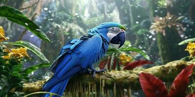 Blue macaw, parrot on a branch close-up. Generative AI photo