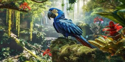 Blue macaw, parrot on a branch close-up. Generative AI photo