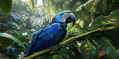 Blue macaw, parrot on a branch close-up. Generative AI photo