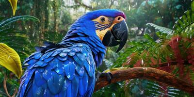 azul guacamayo, loro en un rama de cerca. generativo ai foto