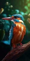 Bright image of a kingfisher in the forest. Ornithology. Generative AI photo