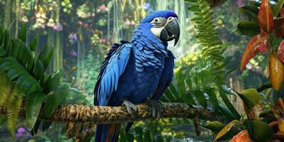 Blue macaw, parrot on a branch close-up. Generative AI photo