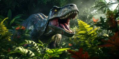 Fantasy image of tyrannosaurus in the jungle. Fantastic. High quality illustration. Generative AI photo