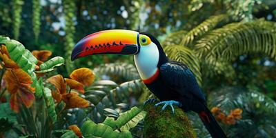 Bright colorful image of a toucan in the jungle. Exotic birds. Generative AI photo