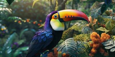 Bright colorful image of a toucan in the jungle. Exotic birds. Generative AI photo