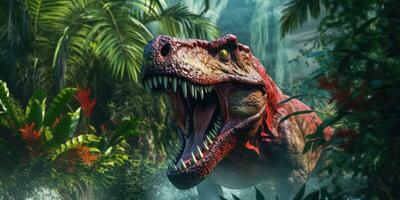 Fantasy image of tyrannosaurus in the jungle. Fantastic. High quality illustration. Generative AI photo