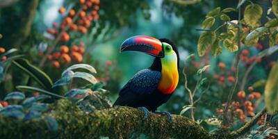 Bright colorful image of a toucan in the jungle. Exotic birds. Generative AI photo