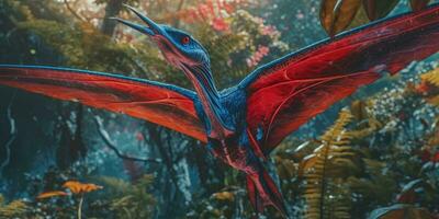 Bright Image of a pterasaur jungle. Fantasy world. Dinosaur. Generative AI photo