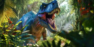 Fantasy image of tyrannosaurus in the jungle. Fantastic. High quality illustration. Generative AI photo