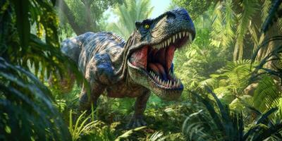 Fantasy image of tyrannosaurus in the jungle. Fantastic. High quality illustration. Generative AI photo