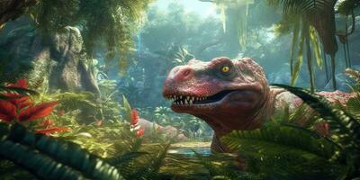 Fantasy image of a triceraptor in the jungle. Dinosaur. Generative AI photo