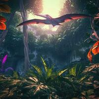 Bright Image of a pterasaur jungle. Fantasy world. Dinosaur. Generative AI photo