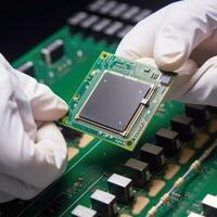 A microcircuit in the hands of a person, the relationship of circuits and data. Computer Chips, data, technology. Generative AI photo