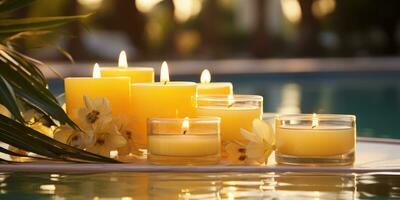 Lemon candles by the pool. Romantic mood. Generative AI photo