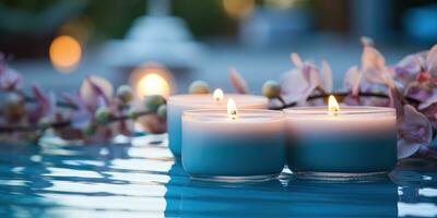 Beautiful candles near the pool, relaxation and romance. Generative AI photo