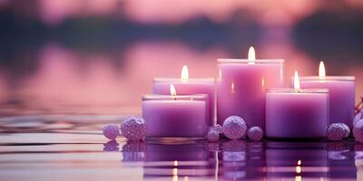 Purple natural candles. Beautiful background. Generative AI photo
