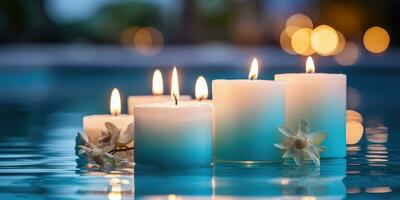 Beautiful candles near the pool, relaxation and romance. Generative AI photo