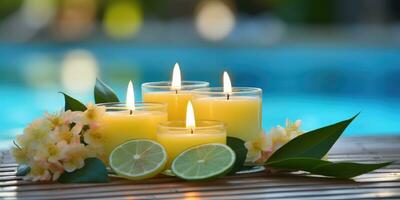 Lemon candles by the pool. Romantic mood. Generative AI photo