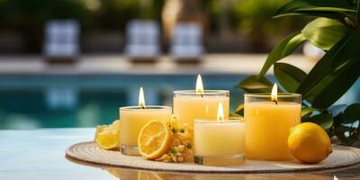 Lemon candles by the pool. Romantic mood. Generative AI photo