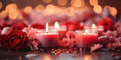 Pink candles, romantic background. Generative AI photo