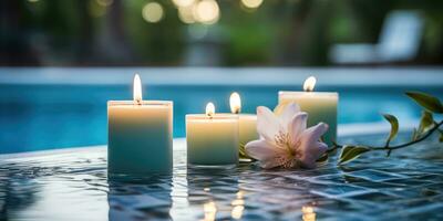 Beautiful candles near the pool, relaxation and romance. Generative AI photo
