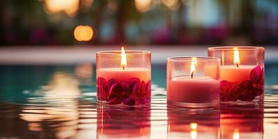 Pink candles by the pool with the scent of roses. Generative AI photo