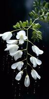 Acacia flowers on a dark background. White flowers with raindrops. Generative AI photo