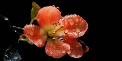 quince flowers on a dark background with dew drops. Generative AI photo