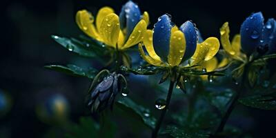 azul flores en un oscuro antecedentes con Rocío gotas. generativo ai foto