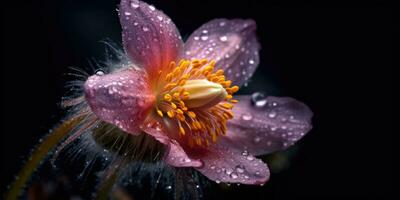 Pulsatilla flower with raindrops. Image for a poster or postcard. Generative AI photo