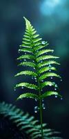 Fern branch in moonlight with raindrops. Generative AI photo