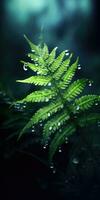 Fern branch in moonlight with raindrops. Generative AI photo