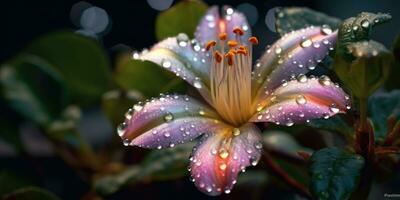 hermosa flor con gotas de lluvia en un oscuro antecedentes. foto para póster o fondo de pantalla. generativo ai