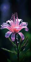 hermosa flor con gotas de lluvia en un oscuro antecedentes. foto para póster o fondo de pantalla. generativo ai