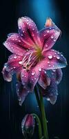 hermosa flor con gotas de lluvia en un oscuro antecedentes. foto para póster o fondo de pantalla. generativo ai