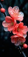 quince flowers on a dark background with dew drops. Generative AI photo