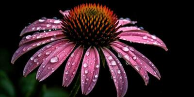 ehnacea flowers on a dark background with dew drops. Generative AI photo