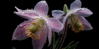 Pulsatilla flower with raindrops. Image for a poster or postcard. Generative AI photo