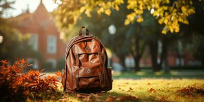 bright school backpack with space for text on autumn background. Generative AI photo