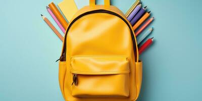 bright school backpack with space for text, celebration of the new school year. Generative AI photo