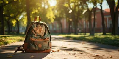 brillante colegio mochila con espacio para texto en otoño antecedentes. generativo ai foto