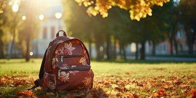 bright school backpack with space for text on autumn background. Generative AI photo