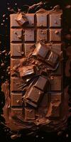 Bar of chocolate on a dark background. Sweetness. Generative AI photo