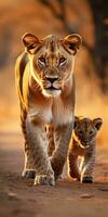 Lioness and cubs in wild and natural habitat. Generative AI photo