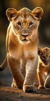 Lioness and cubs in wild and natural habitat. Generative AI photo