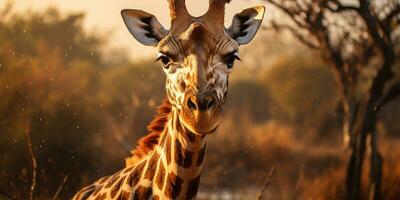 Giraffe walks high in the dry African savannah landscape between plants. Generative AI photo