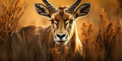 Portrait of antelope in the African savanna close-up. Wild and natural habitat. Generative AI photo