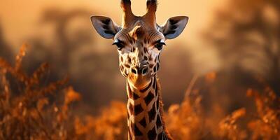 Giraffe walks high in the dry African savannah landscape between plants. Generative AI photo