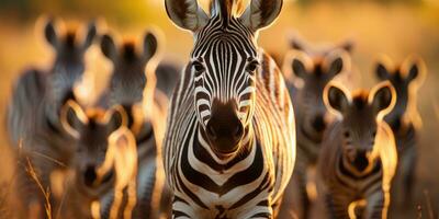 Horizontal photo of zebras in africa against sunset background. Generative AI