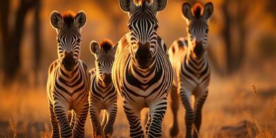 Horizontal photo of zebras in africa against sunset background. Generative AI